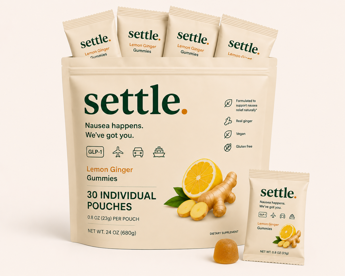 Settle 30-pack carrier bag of Lemon Ginger nausea relief gummies