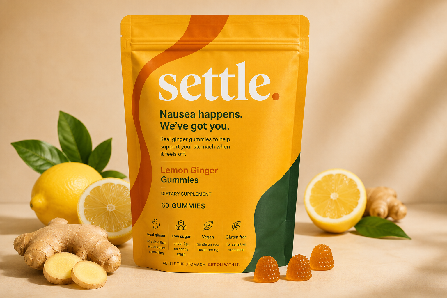 Settle 60-count Lemon Ginger Gummies pouch